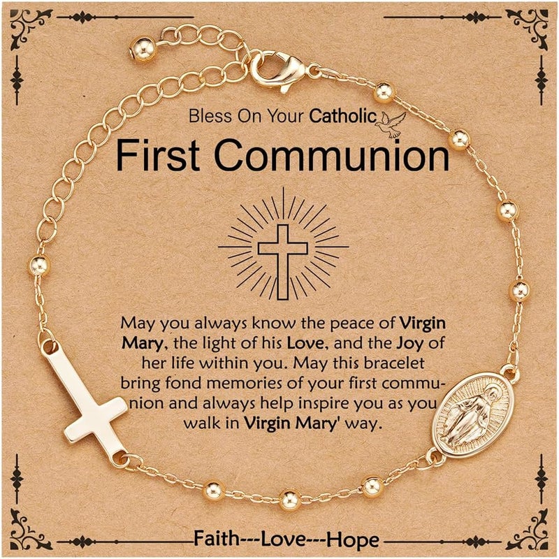 VULETO Catholic Virgin Mary Cross Bracelet Gifts for Girls Teens Women, Rosary Beads Charm Link Chain Bracelet Christmas Christian Religious Jewelry Gifts - Image 1